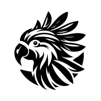 Bold black and white of a cockatoo head, with a stylized feather crest and an abstract shadow effect in the background. vector