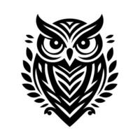 A symmetrical, monochrome tribalstyle owl illustration with intricate geometric patterns, framed by stylized laurel leaves, exuding wisdom. vector