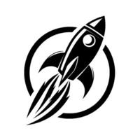Bold black and white rocket soaring through a symbolic orbit, representing launch, progress, and innovation. vector