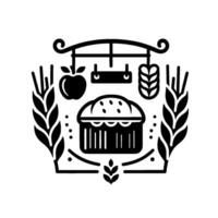 Black white bakery emblem featuring a bread loaf, apple, wheat, a blank sign, and a decorative frame, perfect for branding. vector