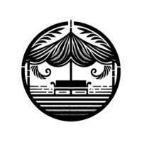 A stylized black and white illustration within a circle, featuring a gazebo or bandstand with an awning, surrounded by decorative elements. vector
