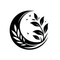 Elegant black and white minimalist featuring a crescent frame with leafy elements, evoking nature, balance, and harmony with floating birds. vector