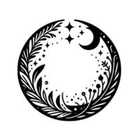 Celestial floral circle illustration a black and white featuring a crescent moon, stars, and botanical elements creating a decorative frame. vector