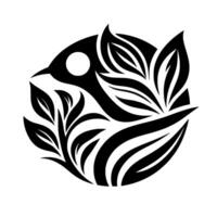 Stylized black bird nested in foliage within a circle, minimalist on white background. vector