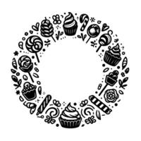 Whimsical monochrome wreath of sweets including cupcakes, lollipops, candy canes, and decorative elements, arranged in a circular frame. vector