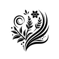 Elegant black and white floral design a symmetrical arrangement of leaves, flower, spiral, and abstract strokes against a clean white backdrop. vector