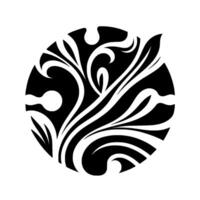 Black and white circle composition stylized foliage and floral patterns within a circular frame, symmetrical design. vector