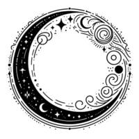 Celestial circle black and white illustration of moon phases, stars, swirls, and cosmic elements in a circular frame. vector