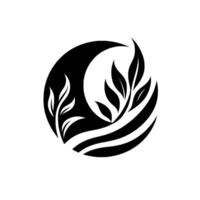 Minimalist black and white design crescent moon enclosing leafy sprigs and flowing wave patterns vector
