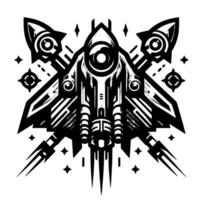 Symmetrical, monochrome space battle scene featuring a stylized, futuristic spaceship flanked by missilelike projectiles and celestial accents. vector