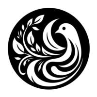 Stylized black and white of a dove and olive branch encased in a circle, symbolic of peace and hope. vector