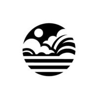 Monochrome circular depicting sea, clouds, and sun with a minimalist style. vector