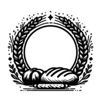A circular black and white bread and wheat wreath with bread, wheat and circle elements, bakery and culinary concept. vector