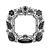 Black and white stylized floral and wheat frame with square center for text or image, featuring bread at the bottom. vector