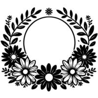 Elegant black and white floral wreath design, featuring daisies, leaves, and circle frame, perfect for invitations and decoration. vector