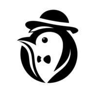 A stylized, minimalist of a dapper penguin wearing a bowler hat and bow tie, rendered in bold black and white. vector