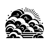 Stylized black and white clouds with sun, minimalist illustration of weather elements, symbolic design, geometric composition. vector