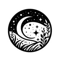 Black and white circular illustration crescent moon, stars, meadow landscape, and foliage in a celestial and natureinspired design. vector