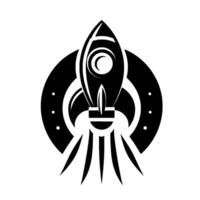 Bold black and white emblem a rocket ship ascending within a circular, stylized with dots, ready for launch. vector