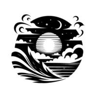 Black and white circular depicting a night ocean scene with moon, stars, waves, and clouds, illustrative stylization vector