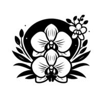 Bold black and white orchid arrangement stylized floral on white background with a black circular backdrop and detailed bud arrangement. vector