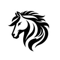 Elegant black and white silhouette of a horses head, showcasing flowing mane and a graceful profile on a plain white background. vector