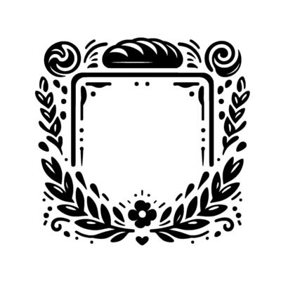 Elegant black and white floral frame with bread and scrollwork, perfect for invitations and announcements.