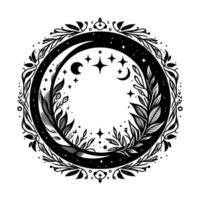 A black and white circular illustration, celestial design, featuring a crescent moon, stars, botanical elements, and ornate border. vector
