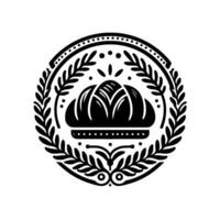 Elegant black and white circular emblem featuring a central crown motif surrounded by laurel wreath and dotted border. vector