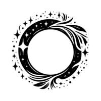 Black and white celestial illustration of an ornate circular frame with stars, dots, and stylized foliage around a blank center. vector