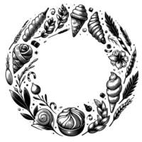 Elegant monochrome circular illustration baked goods, plants, and sweets arranged in an intricate decorative frame with ample central negative space for text. vector