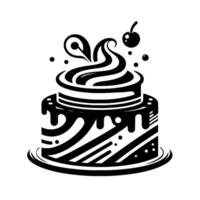 Monochromatic twotiered cake illustration, featuring swirled frosting, drizzled chocolate, and cherry topping, set on a plate. vector