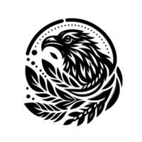Monochromatic eagle head with leafy embellishments, encircled by dotted frame, in symbolic decorative black white, with design. vector