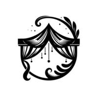 Ornate black and white decorative emblem of a stage canopy with curtains, swirls, and dangling accents, isolated on white. vector