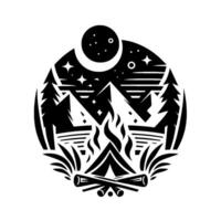 Serene black and white camping illustration mountains, trees, bonfire, moon, and stars in a circular design. vector