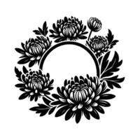 Bold black and white floral wreath with chrysanthemums and leaves encircling a circular frame for elegant vector