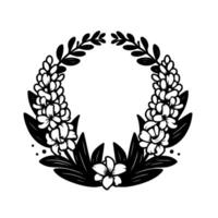An elegant monochrome floral wreath illustration featuring hyacinth blossoms and leaves arranged in a circular design. vector