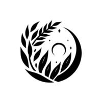 Minimalist black and white design crescent moon, foliage, and stars in a circular composition. vector