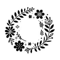 Simple floral wreath in monochrome, showcasing various stylized flowers and leaves in a circular arrangement. vector