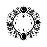 Intricate celestial illustration with a circular design, featuring phases of the moon, stars, floral elements, and botanical embellishments. vector
