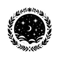 Celestial nightscape a circular black and white illustration of a crescent moon amidst stars, enclosed by a laurel wreath. vector