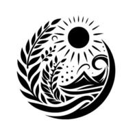 Black and white stylized yinyang symbol depicting nature, with sun, waves, mountains, and floral elements in a circle. vector