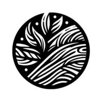 Abstract monochrome nature emblem with stylized leaves and striped landscape encased within a perfect circular frame. vector