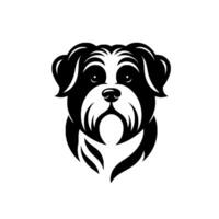 A symmetrical, stylized, black and white illustration of a dogs head, featuring a furry, expressive face with a fluffy beard, on a clean white background. vector