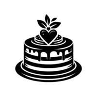 Elegant black and white cake illustration, featuring heart and leaf decoration, on a plate, suitable for logos. vector