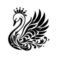 Elegant black and white swan illustration with crown adornment and ornate, flowing floral decorative elements on a white backdrop. vector