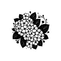 Elegant black and white floral illustration a cluster of hydrangea flowers and leaves arranged in a circular composition on a white background. vector