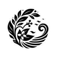 Monochromatic circular floral design a stylized black and white illustration featuring leaves, flowers, berries, and decorative wave elements arranged in a balanced, artistic composition. vector