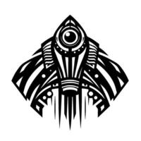 Geometric abstract black and white design a stylized symmetrical artwork featuring a central eyelike element and intricate patterns, conveying an enigmatic and futuristic aesthetic. vector