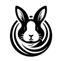 Elegant monochrome rabbit head featuring a stylized black and white illustration, enclosed in a swirl with striking minimalist aesthetic. vector